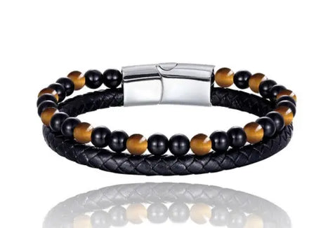 6mm Volcanic Natural Stone Tigereye Beaded Bracelet Men Cowhide String Bracelets Conceitastral