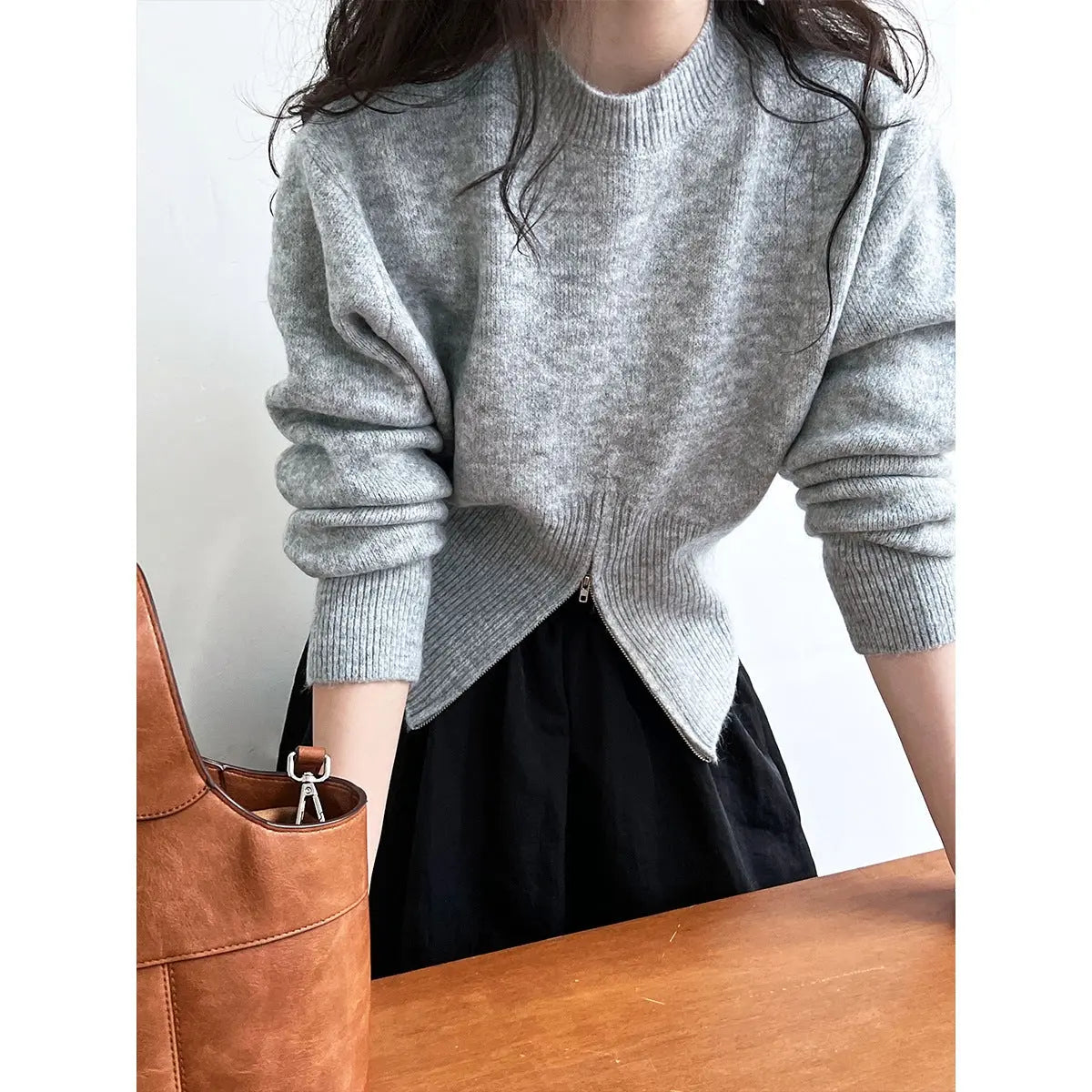 Autumn Short Zipper Sweater Western Style High Sense Special-interest Design Round Neck Pullover Conceitastral