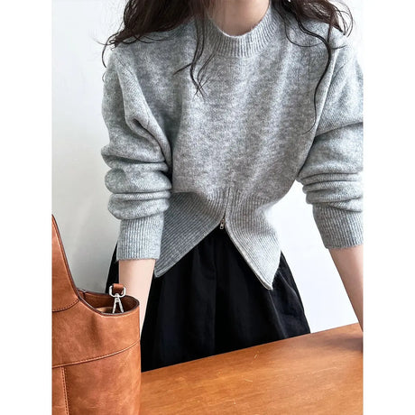 Autumn Short Zipper Sweater Western Style High Sense Special-interest Design Round Neck Pullover Conceitastral