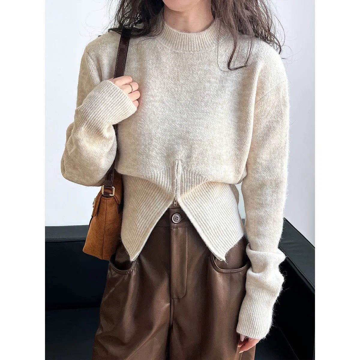 Autumn Short Zipper Sweater Western Style High Sense Special-interest Design Round Neck Pullover Conceitastral