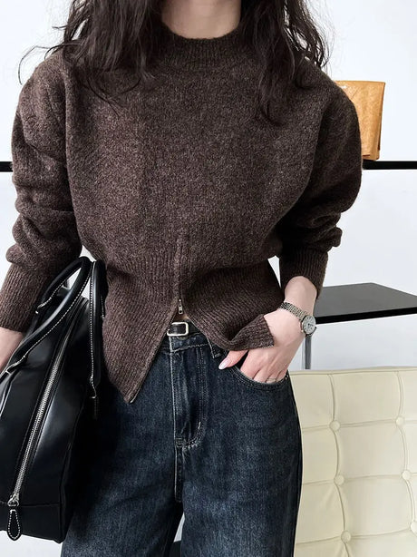 Autumn Short Zipper Sweater Western Style High Sense Special-interest Design Round Neck Pullover Conceitastral