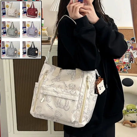 Bear Print Large Capacity Multi-Pocket Tote Bag Shoulder Bag Crossbody Lightweight For Going Out Handbag Conceitastral