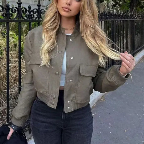 Casual Single-breasted Stand Collar Short Jacket With Pockets Fashion Long Sleeve Outwear Tops Coat For Womens Clothing Conceitastral