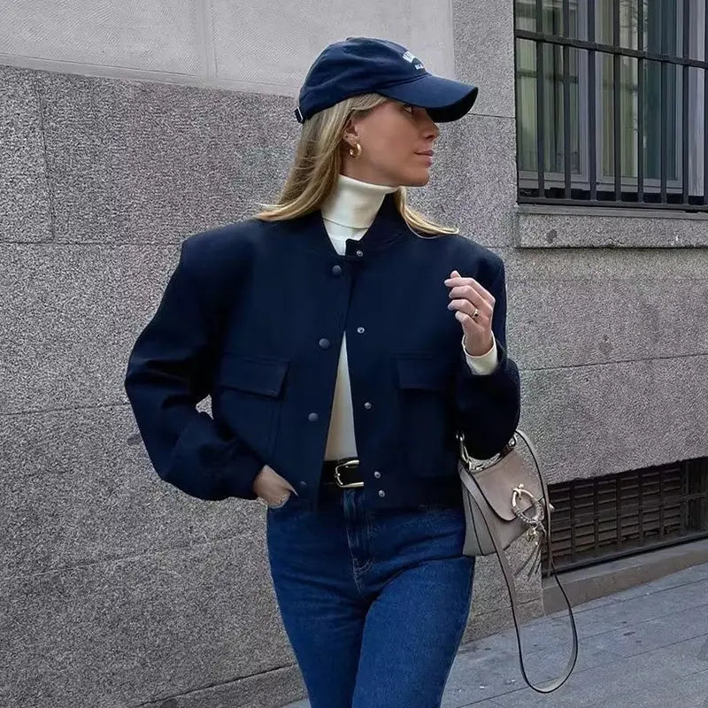 Casual Single-breasted Stand Collar Short Jacket With Pockets Fashion Long Sleeve Outwear Tops Coat For Womens Clothing Conceitastral