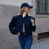 Casual Single-breasted Stand Collar Short Jacket With Pockets Fashion Long Sleeve Outwear Tops Coat For Womens Clothing Conceitastral
