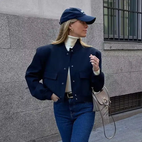 Casual Single-breasted Stand Collar Short Jacket With Pockets Fashion Long Sleeve Outwear Tops Coat For Womens Clothing Conceitastral