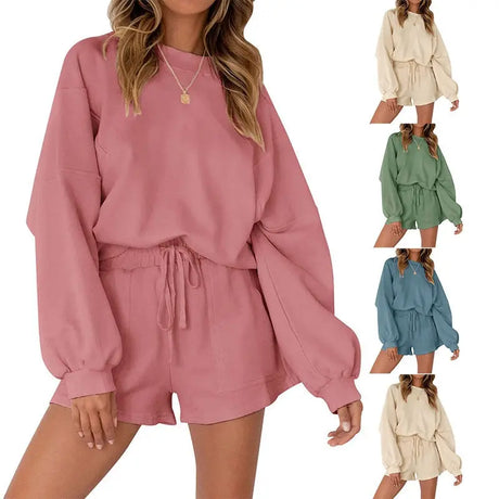 Casual Sports Sweatshirt Suits Loose Pullover Top And Drawstring Shorts Two-piece Set Womens Clothing Conceitastral