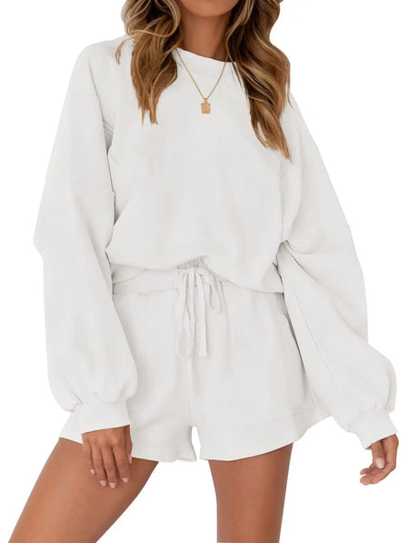 Casual Sports Sweatshirt Suits Loose Pullover Top And Drawstring Shorts Two-piece Set Womens Clothing Conceitastral