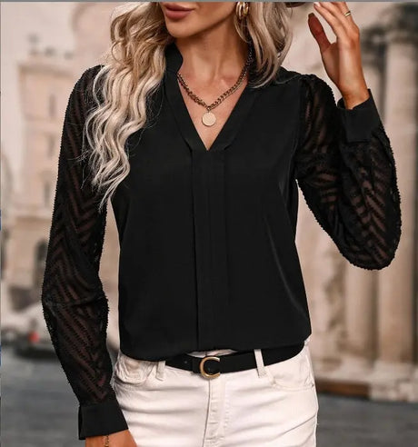 Early Autumn V-neck Lace Stitching Long-sleeved Shirt Conceitastral