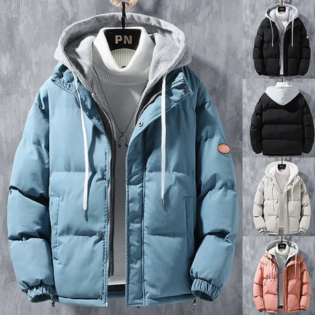 Fashion Hooded Jacket Men Winter Windproof Thickened Fake Two-piece Coat Solid Leisure Sports Cotton Jacket Conceitastral