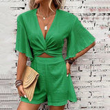 Fashion Loose Suits For Women V-neck Ruffle Sleeve Short-sleeved Top And Shorts Summer Two-piece Set Clothing Conceitastral