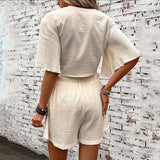 Fashion Loose Suits For Women V-neck Ruffle Sleeve Short-sleeved Top And Shorts Summer Two-piece Set Clothing Conceitastral