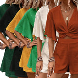 Fashion Loose Suits For Women V-neck Ruffle Sleeve Short-sleeved Top And Shorts Summer Two-piece Set Clothing Conceitastral