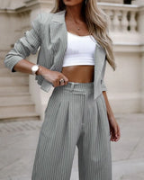 Fashion Striped Suits Casual Lapel Long Sleeve Cropped Top And Straight Pants Outfits Women's Clothing Conceitastral