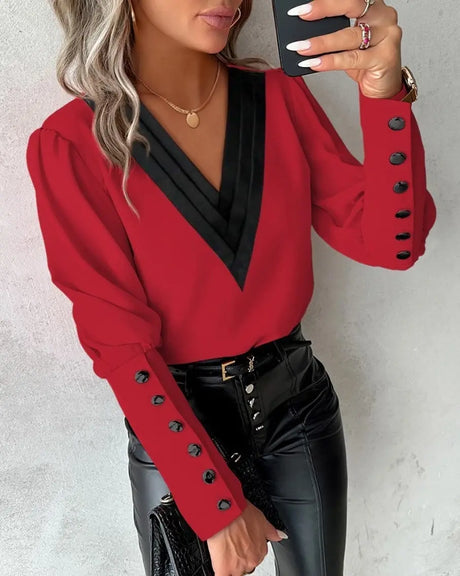 Fashion V-neck Long Sleeve Blouse With Button Design Commuter Leisure Solid Shirt Top Womens Clothing Conceitastral