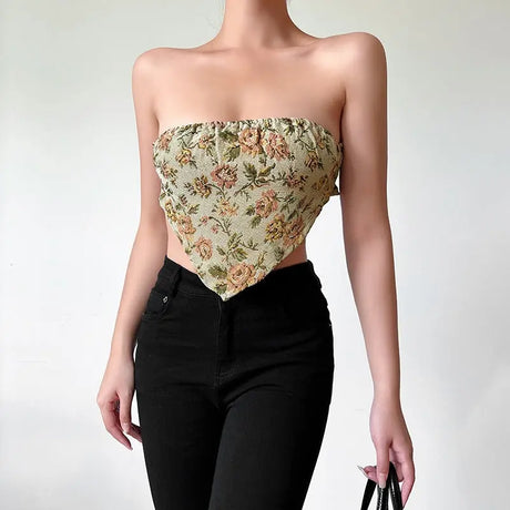 Fashionable Temperament Jacquard Stitching Off-shoulder Backless Short Tube Top Conceitastral