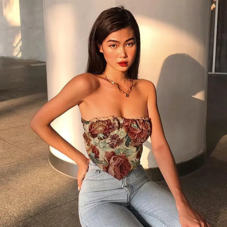 Fashionable Temperament Jacquard Stitching Off-shoulder Backless Short Tube Top Conceitastral