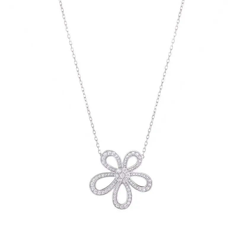 Full Diamond Five Petal Flower Pendant Necklace Conceitastral