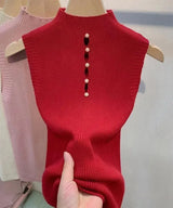 High-necked Decorative Button Sleeveless Knitwear Sexy Hot Girl Suit Base Vest Sweater Women Conceitastral
