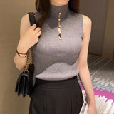 High-necked Decorative Button Sleeveless Knitwear Sexy Hot Girl Suit Base Vest Sweater Women Conceitastral