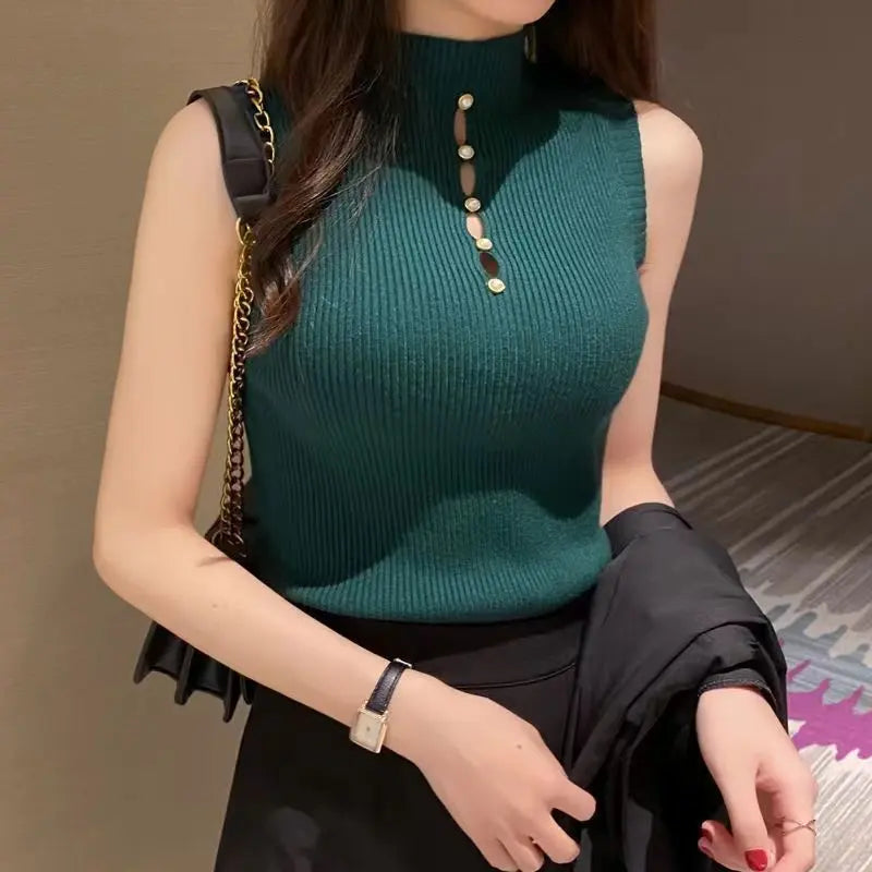 High-necked Decorative Button Sleeveless Knitwear Sexy Hot Girl Suit Base Vest Sweater Women Conceitastral