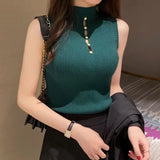High-necked Decorative Button Sleeveless Knitwear Sexy Hot Girl Suit Base Vest Sweater Women Conceitastral