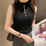 High-necked Decorative Button Sleeveless Knitwear Sexy Hot Girl Suit Base Vest Sweater Women Conceitastral