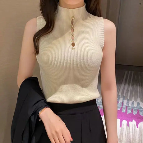 High-necked Decorative Button Sleeveless Knitwear Sexy Hot Girl Suit Base Vest Sweater Women Conceitastral
