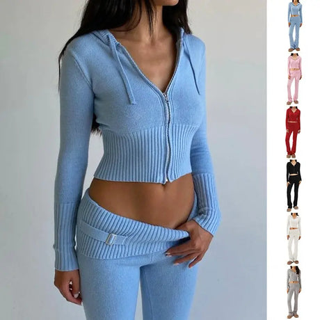Hoodie Suit Women Leisure Sexy Zip Long Sleeve Sweater And High Waist Long Pants Set Conceitastral