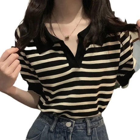 Loose Design Summer Top Contrast Color V-neck Striped T-shirt Conceitastral