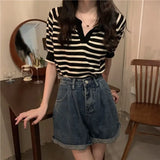 Loose Design Summer Top Contrast Color V-neck Striped T-shirt Conceitastral