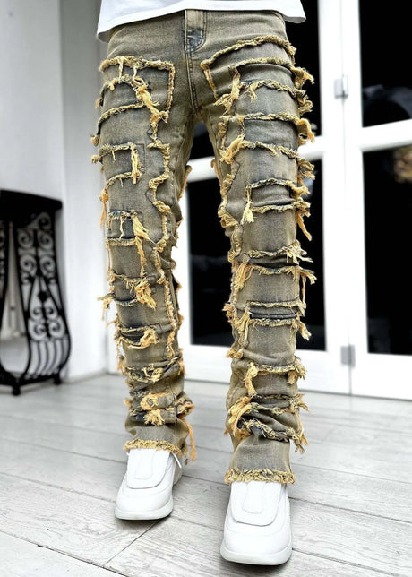 Men Trousers Individual Patched Pants Long Tight Fit Stacked Jeans For Mens Clothing Conceitastral