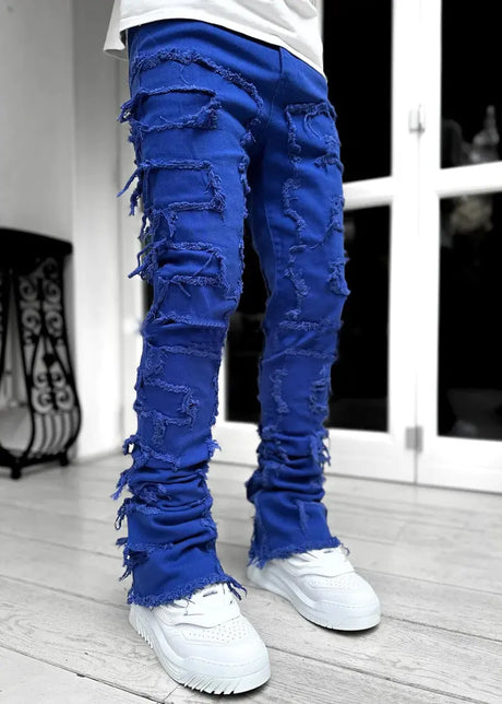 Men Trousers Individual Patched Pants Long Tight Fit Stacked Jeans For Mens Clothing Conceitastral