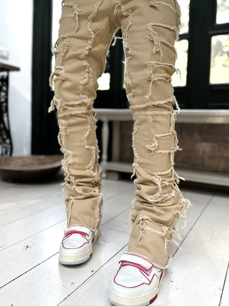 Men Trousers Individual Patched Pants Long Tight Fit Stacked Jeans For Mens Clothing Conceitastral
