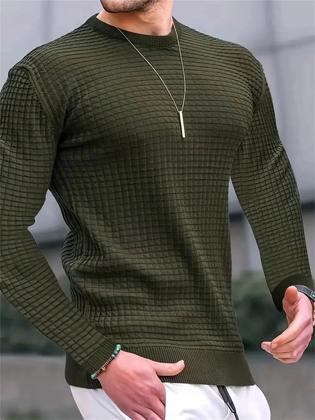 Men's Solid Color Stand Collar Jacket Fashionable Small Square Waffle Youth Round Neck Jacquard Plaid Sweatshirt Conceitastral