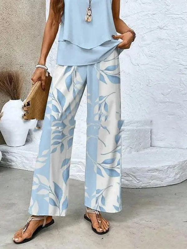 Print Suits Sleeveless Double-layer Vest And Loose Straight Pants Womens Clothing Conceitastral