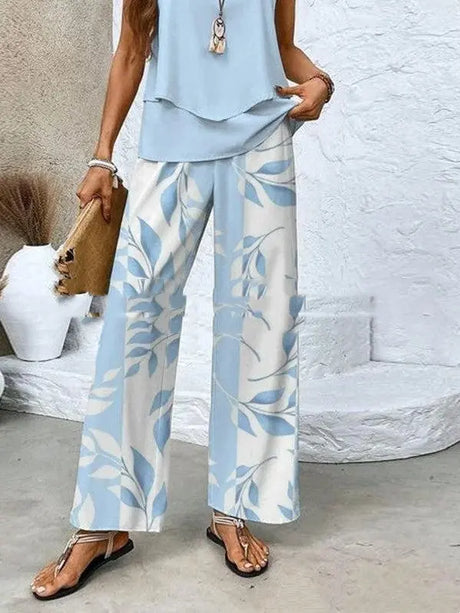 Print Suits Sleeveless Double-layer Vest And Loose Straight Pants Womens Clothing Conceitastral