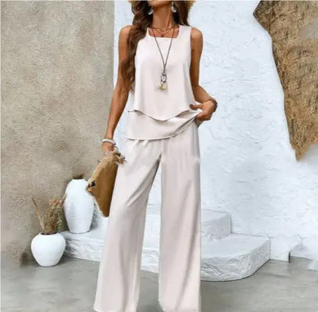 Print Suits Sleeveless Double-layer Vest And Loose Straight Pants Womens Clothing Conceitastral