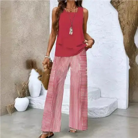Print Suits Sleeveless Double-layer Vest And Loose Straight Pants Womens Clothing Conceitastral