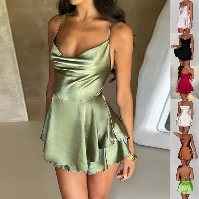 Sexy Suspender Skirt For Women Elegant Slim Strap Satin Backless Lace Up A-Line Short Dress Lady Conceitastral