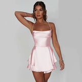 Sexy Suspender Skirt For Women Elegant Slim Strap Satin Backless Lace Up A-Line Short Dress Lady Conceitastral