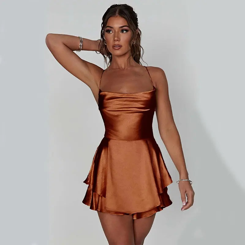 Sexy Suspender Skirt For Women Elegant Slim Strap Satin Backless Lace Up A-Line Short Dress Lady Conceitastral