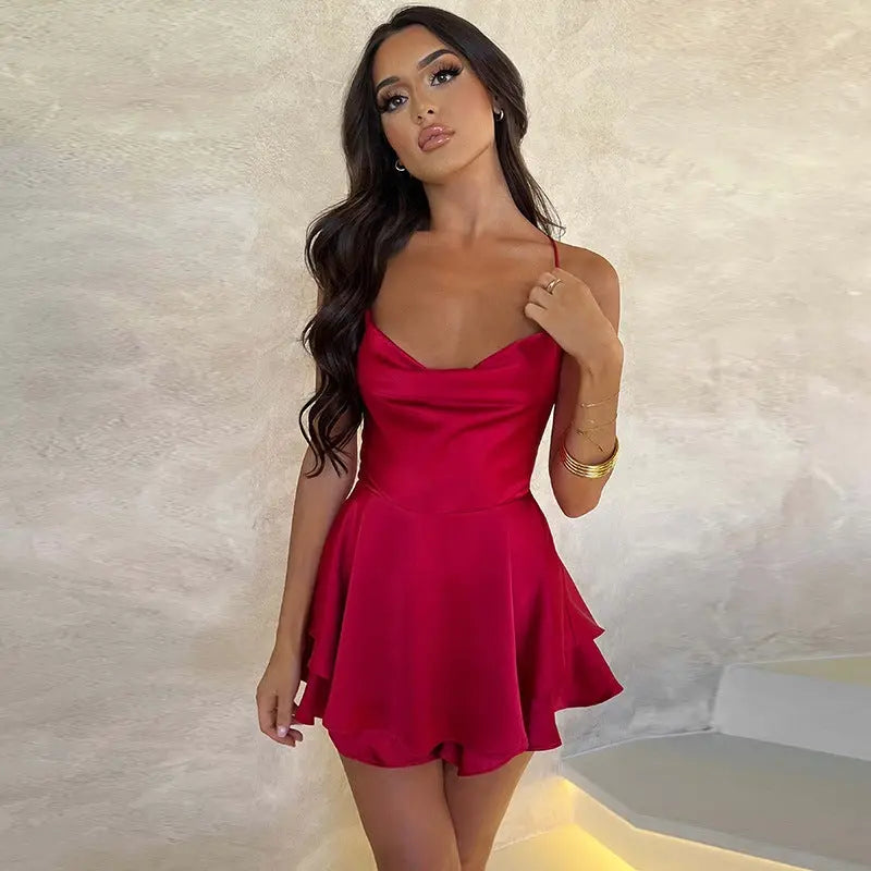 Sexy Suspender Skirt For Women Elegant Slim Strap Satin Backless Lace Up A-Line Short Dress Lady Conceitastral
