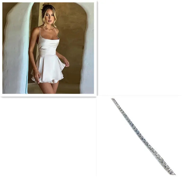 Sexy Suspender Skirt For Women Elegant Slim Strap Satin Backless Lace Up A-Line Short Dress Lady Conceitastral