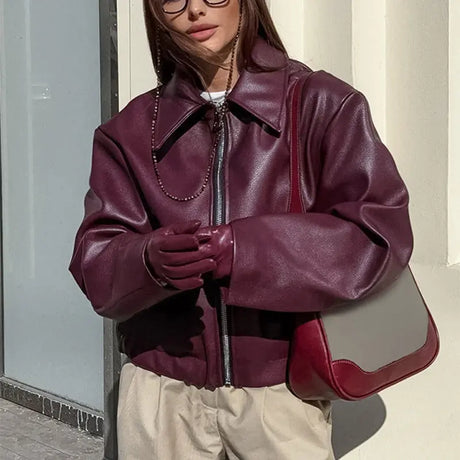 Solid Color Lapel Zipper Jacket Fashion Casual Long Sleeve Leather Coat Tops Women Clothing Conceitastral