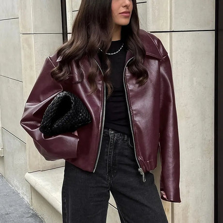 Solid Color Lapel Zipper Jacket Fashion Casual Long Sleeve Leather Coat Tops Women Clothing Conceitastral