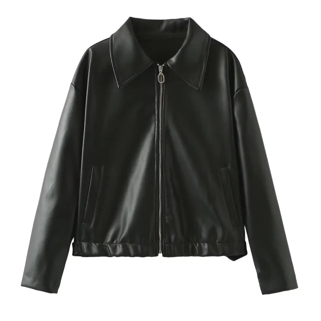 Solid Color Lapel Zipper Jacket Fashion Casual Long Sleeve Leather Coat Tops Women Clothing Conceitastral