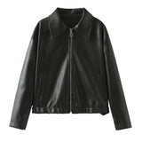 Solid Color Lapel Zipper Jacket Fashion Casual Long Sleeve Leather Coat Tops Women Clothing Conceitastral