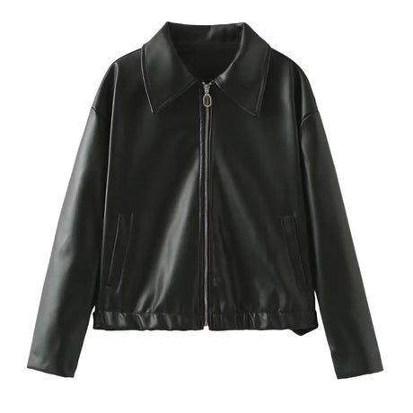 Solid Color Lapel Zipper Jacket Fashion Casual Long Sleeve Leather Coat Tops Women Clothing Conceitastral