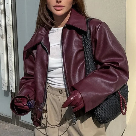 Solid Color Lapel Zipper Jacket Fashion Casual Long Sleeve Leather Coat Tops Women Clothing Conceitastral